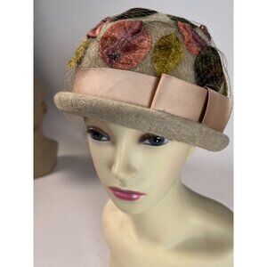 Vintage 1950s Sears Fashion Millinery Wool Cloche Hat With Floral Netting